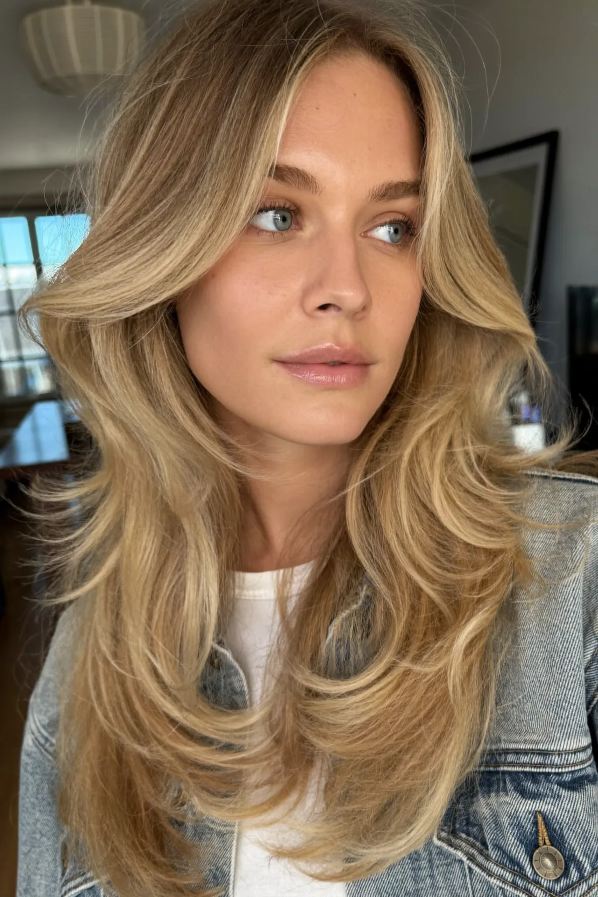 Honey Golden Blonde Long Layered Waves with Curtain Bangs