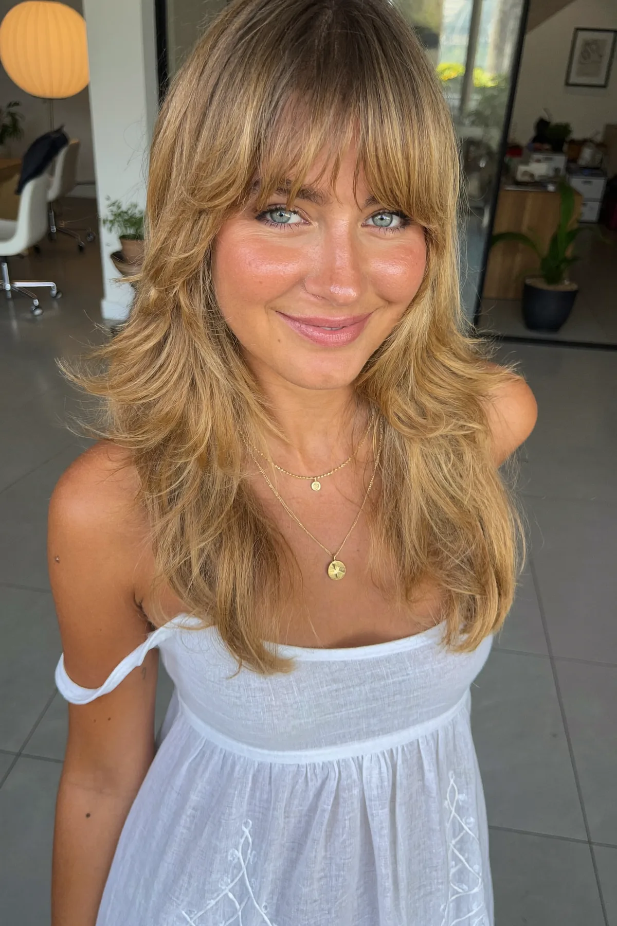 Collarbone-Length Honey Golden Blonde Lob with Full Fringe Bangs