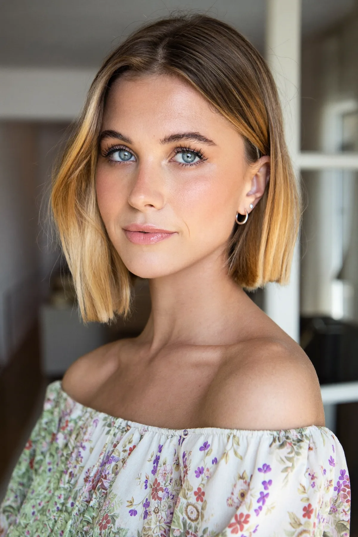 Sleek Honey Golden Blonde Chin-Length Bob with Blended Balayage