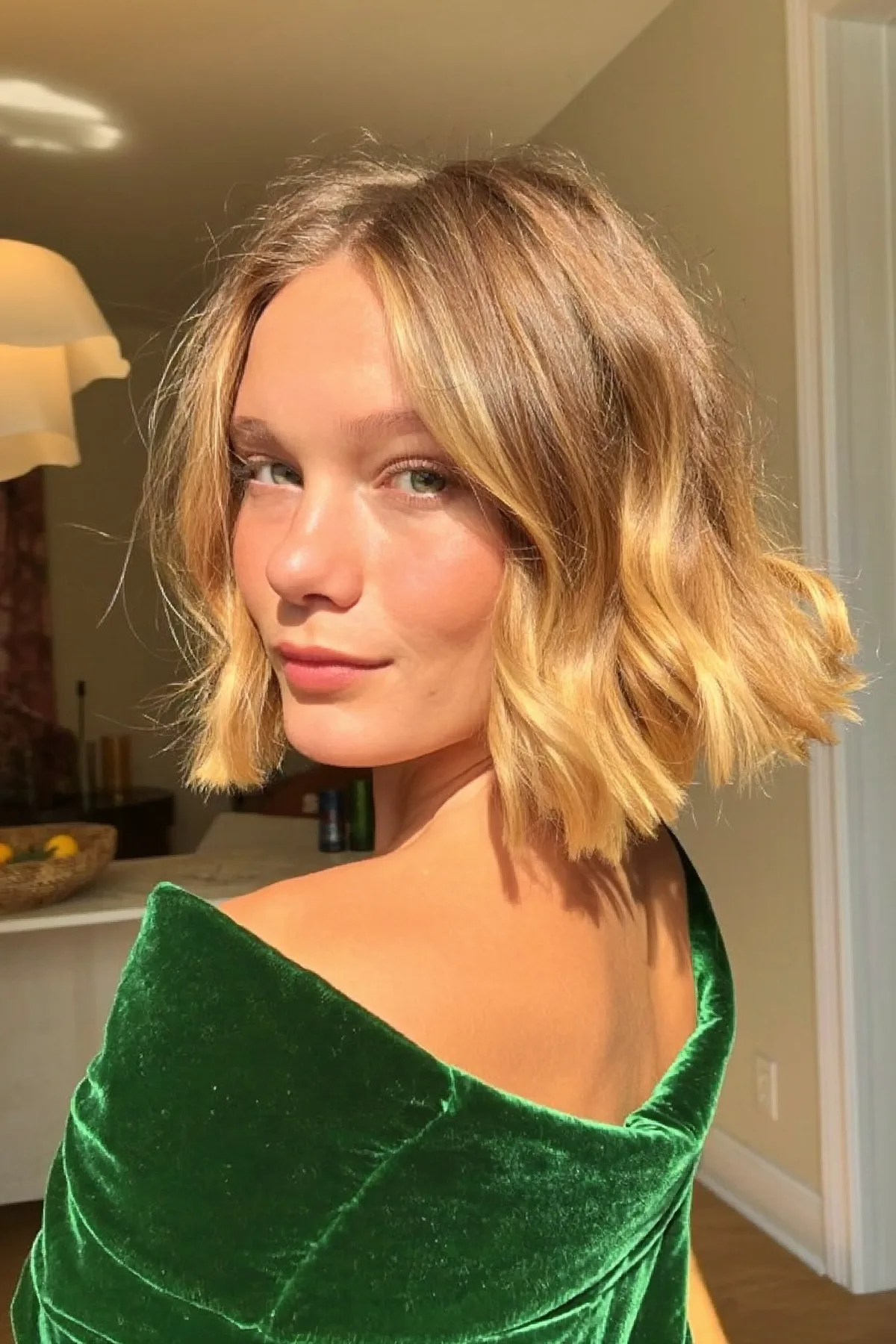 Chin-Length Honey Golden Blonde Bob with Blended Balayage Waves