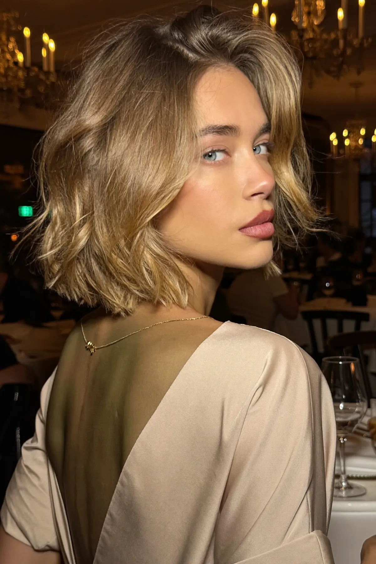 Chin-Length Honey Golden Blonde Wavy Bob with Blended Balayage