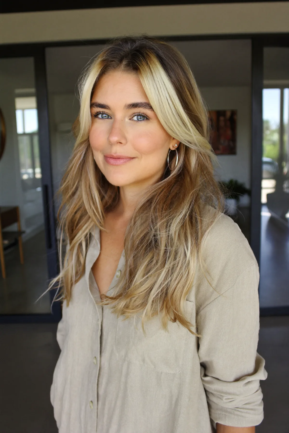 Honey Golden Blonde Long Layered Cut with Curtain Bangs and Money-Piece Highlights
