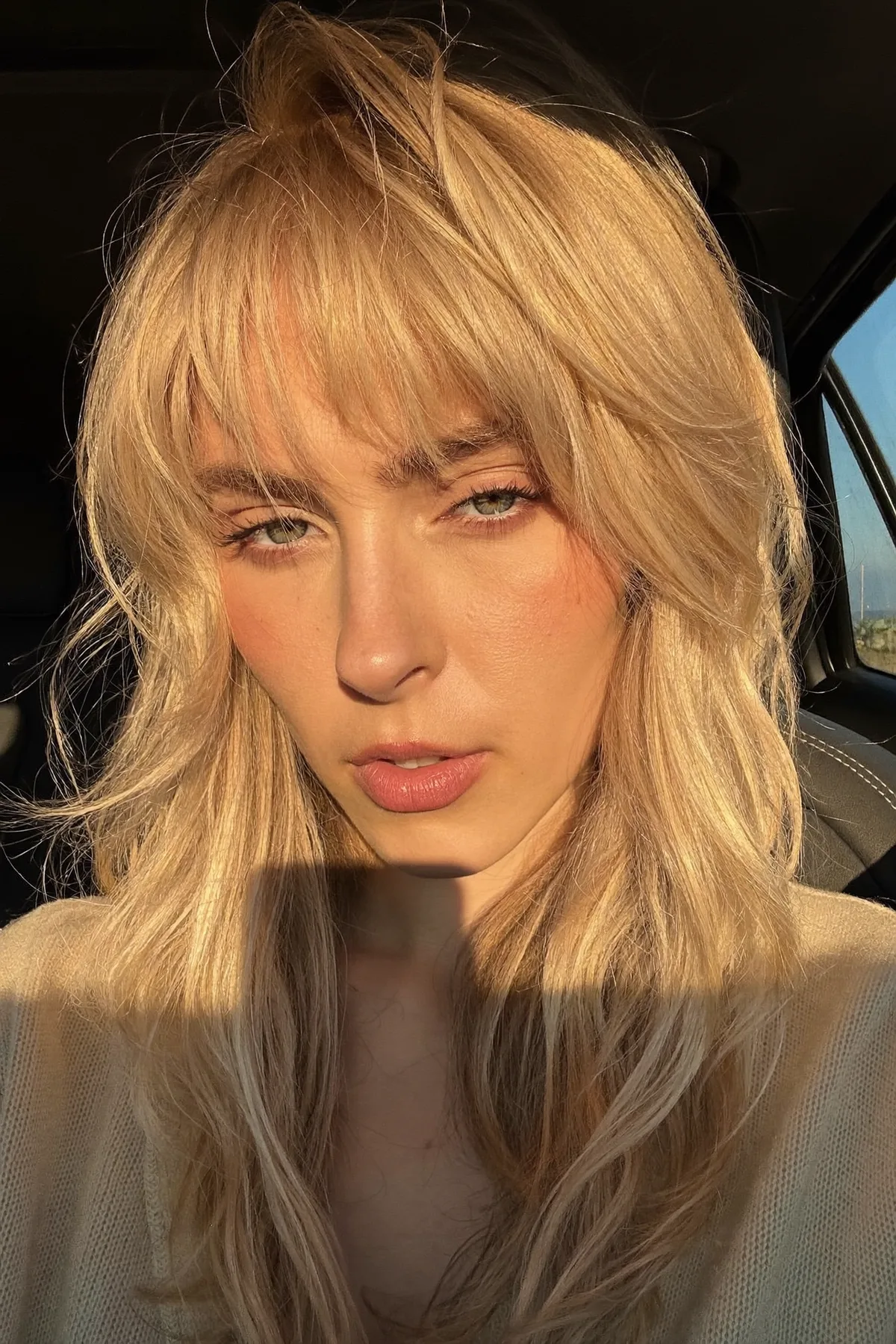 Honey Golden Blonde Collarbone-Length Lob with Full Fringe Bangs