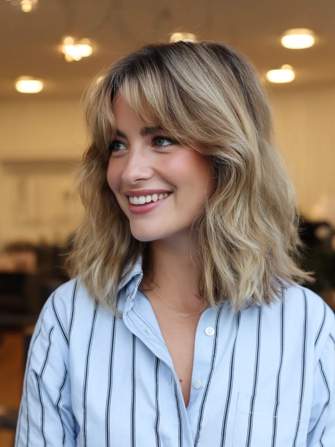 Trendy Lob with Honey Blonde Balayage and Curtain Bangs