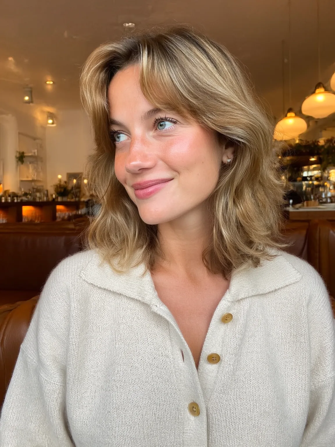 Shoulder-Length Layered Waves with Honey Blonde Balayage