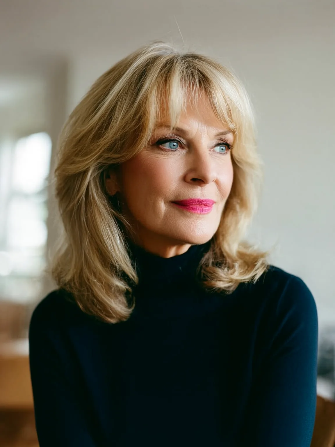 Wavy Shoulder-Length Warm Honey Blonde Layers with Wispy Bangs