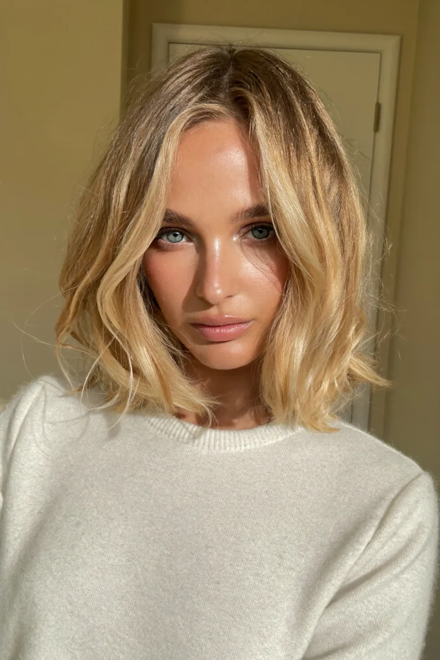 Soft Wavy Honey Blonde Lob with Center Curtain Bangs