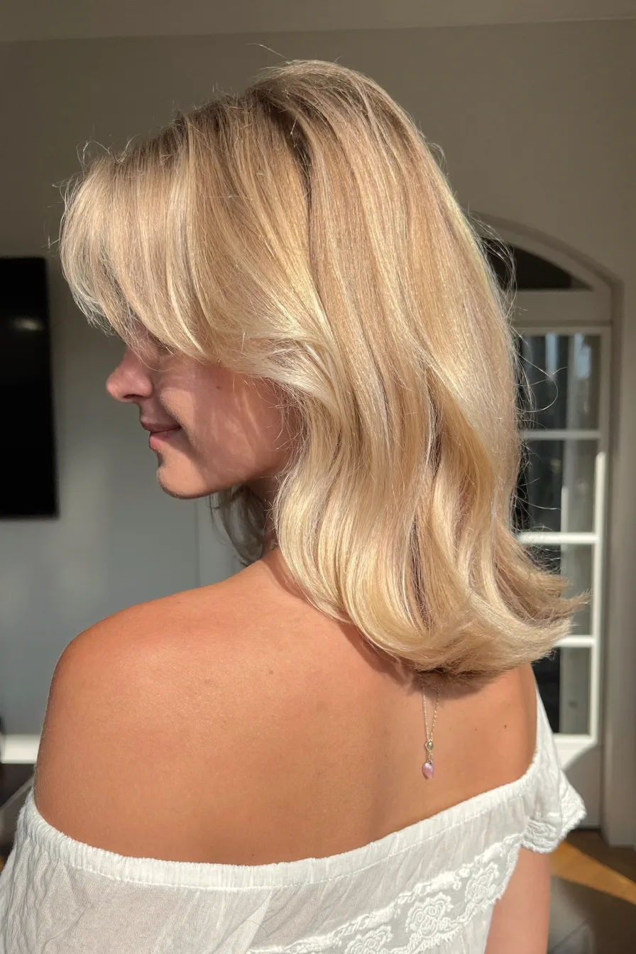 Honey Blonde Shoulder-Length Feathered Layered Hairstyle with Curtain Bangs