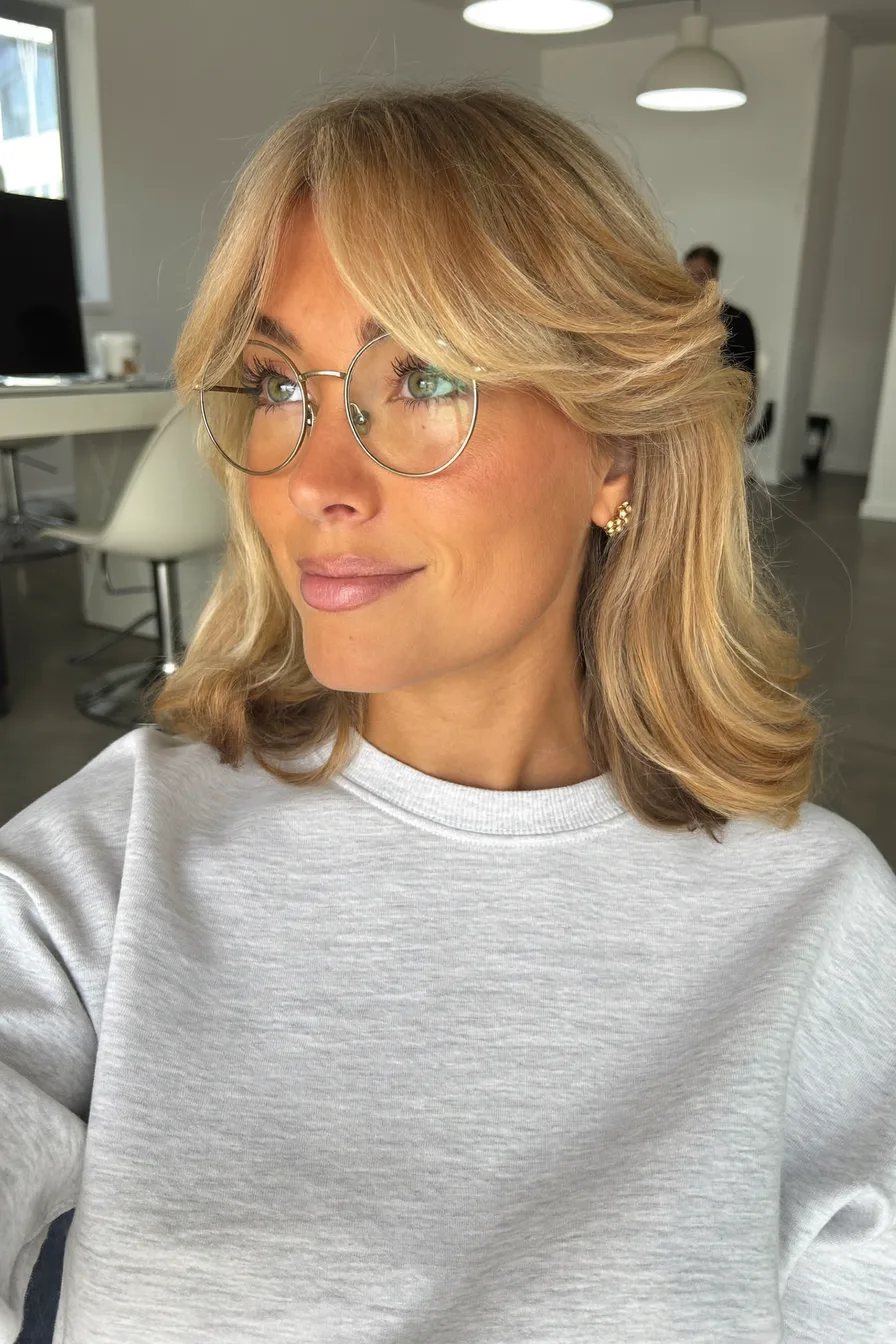 Voluminous Feathered Shoulder-Length Hair with Curtain Bangs