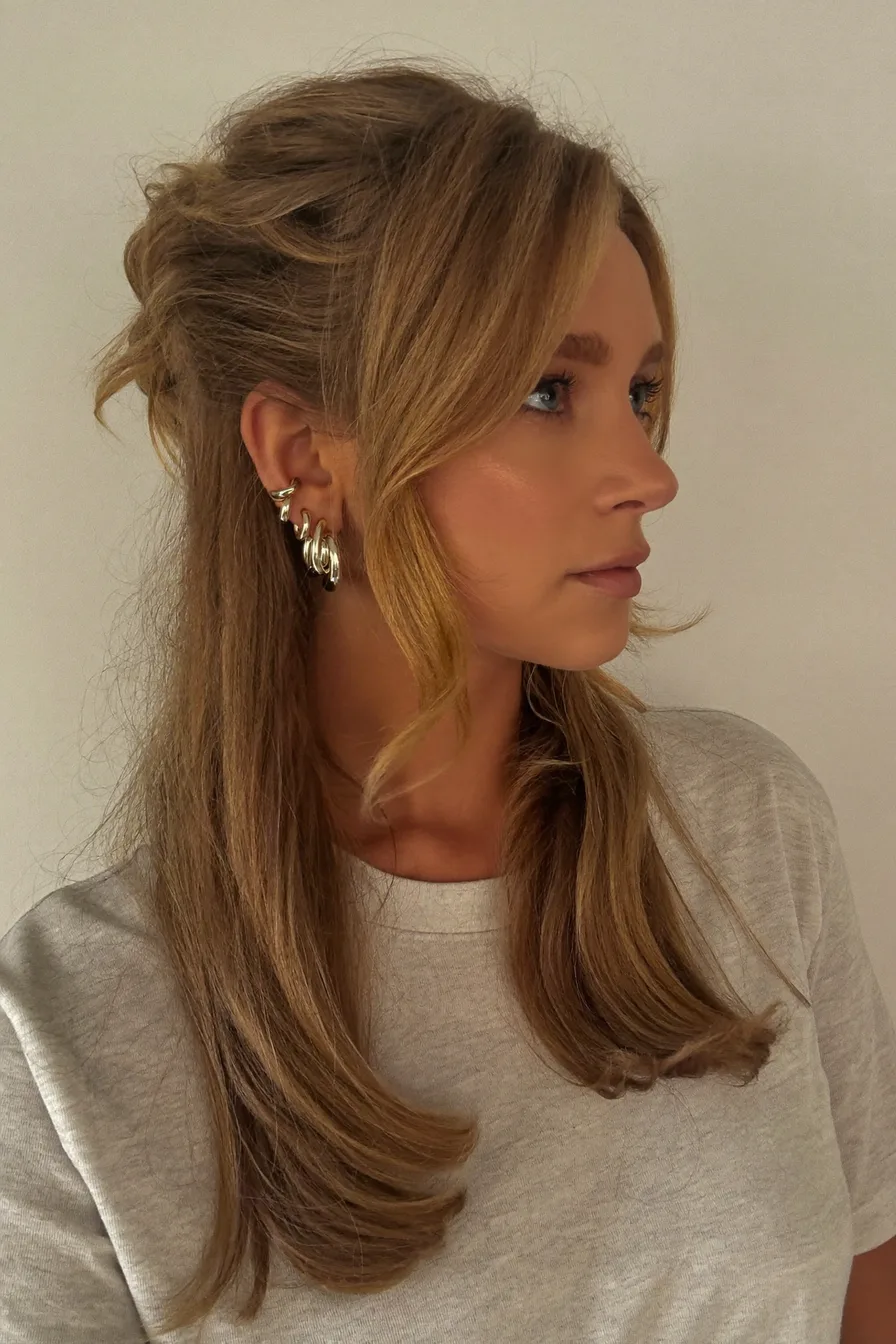 Warm Honey Blonde Layered Long Hair with Curtain Bangs