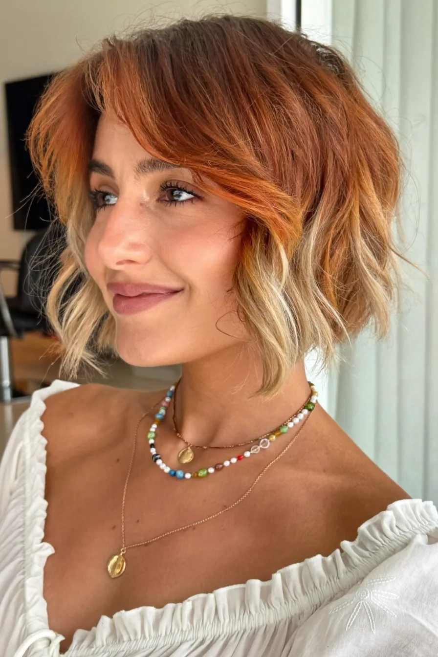 Textured Voluminous Copper Bob with Honey Blonde Balayage