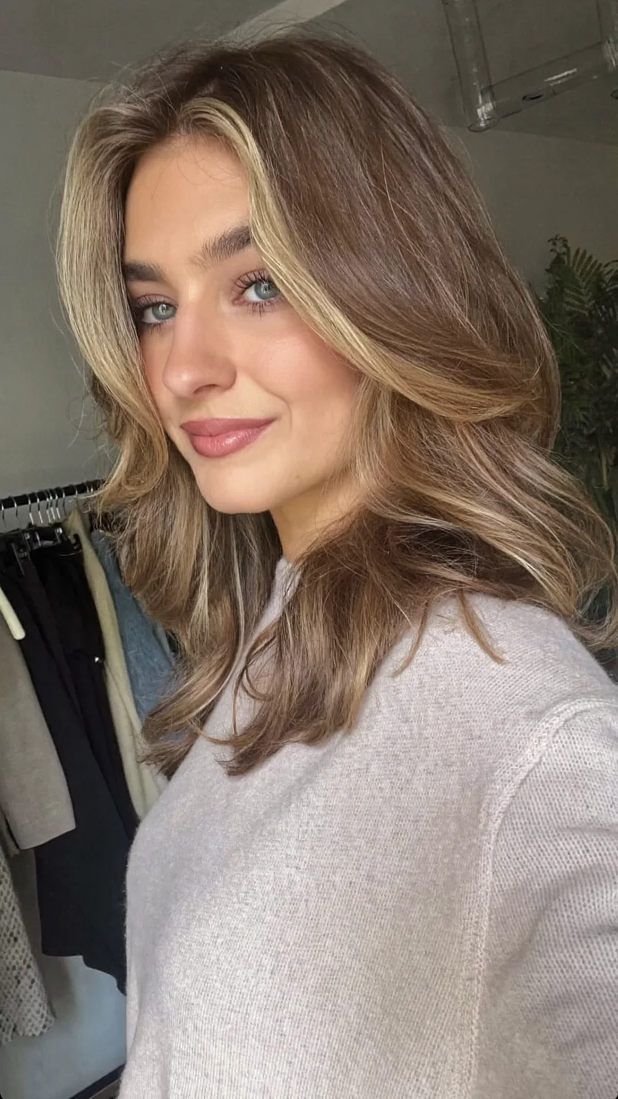 Medium-Length Layered Hair with Face-Framing Curtain Bangs