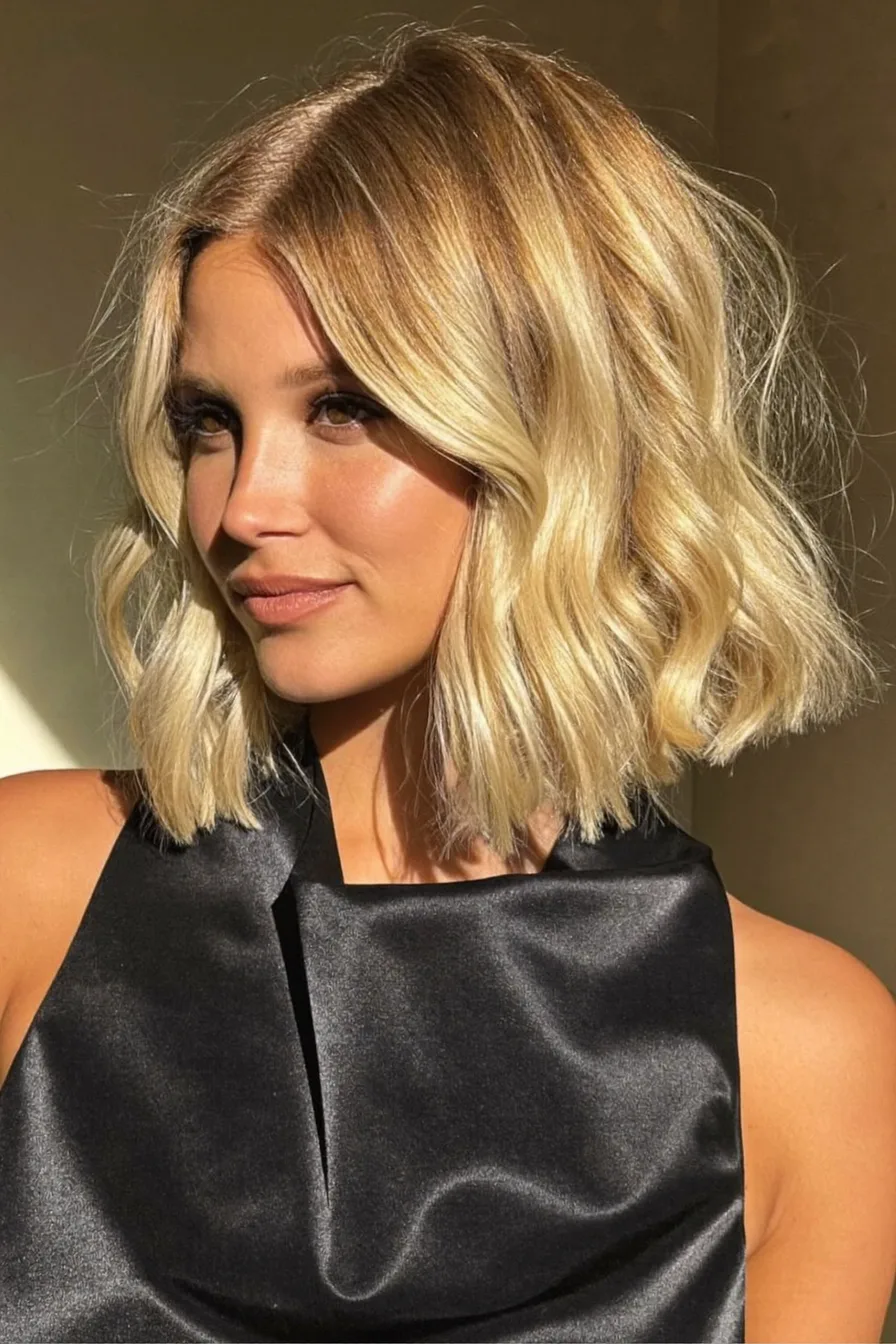 Sun-Kissed Textured Lob with Curtain Bangs for Soft Waves