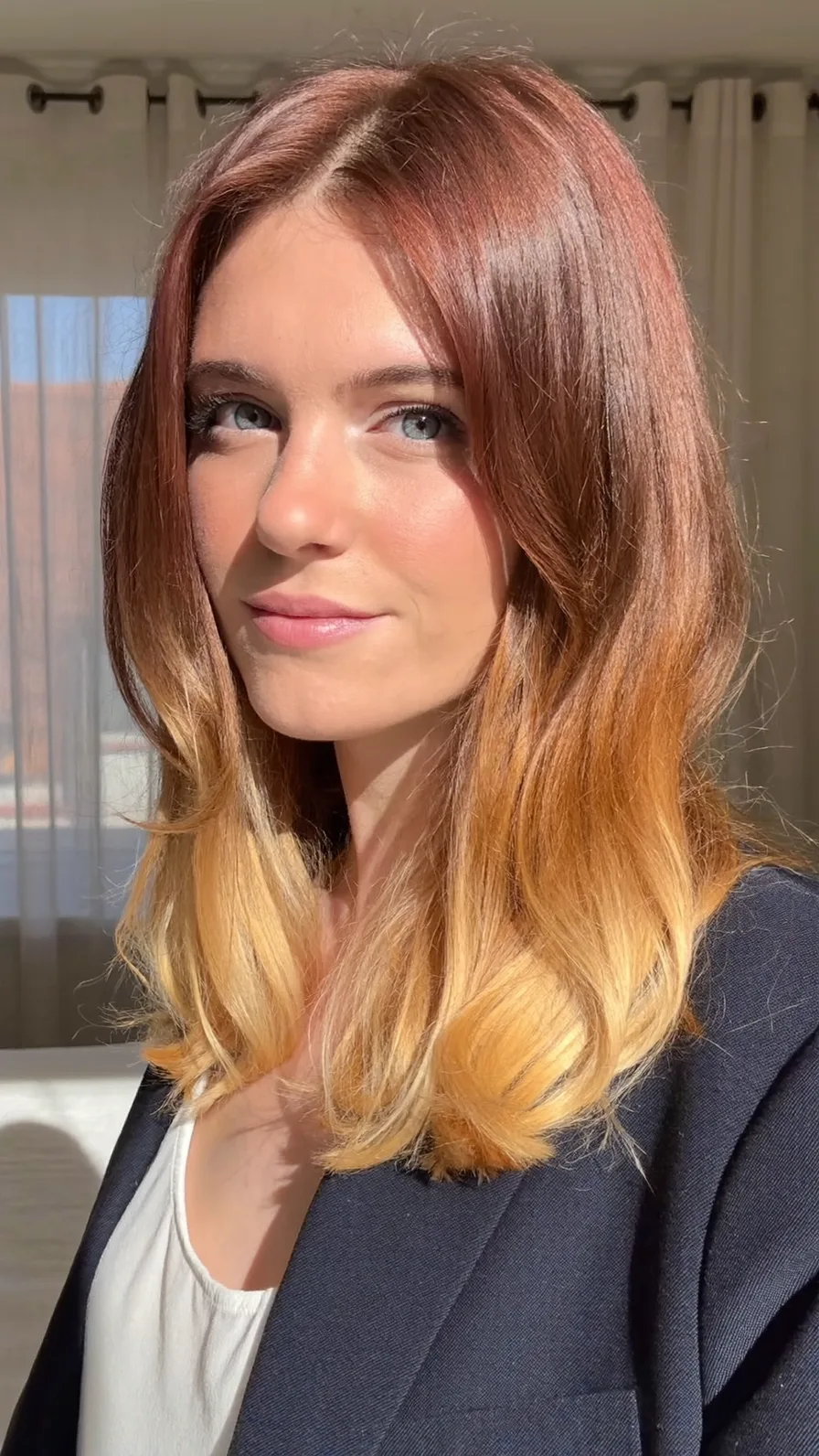 Flowing Medium-Length Long Layers with Curtain Bangs Balayage