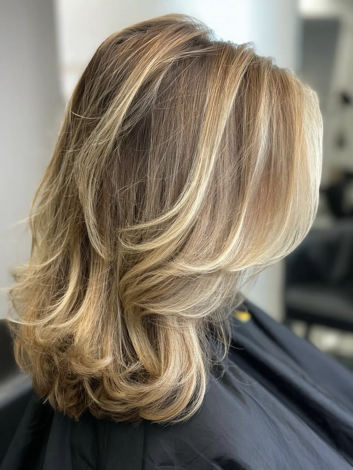 Voluminous Medium-Length Wavy Layers in Honey Blonde