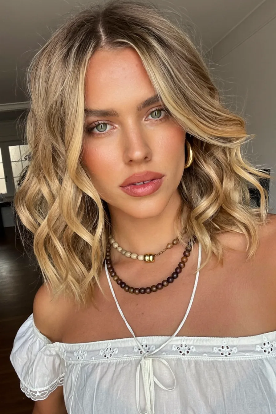 Soft Layered Lob with Balayage Highlights and Curtain Bangs