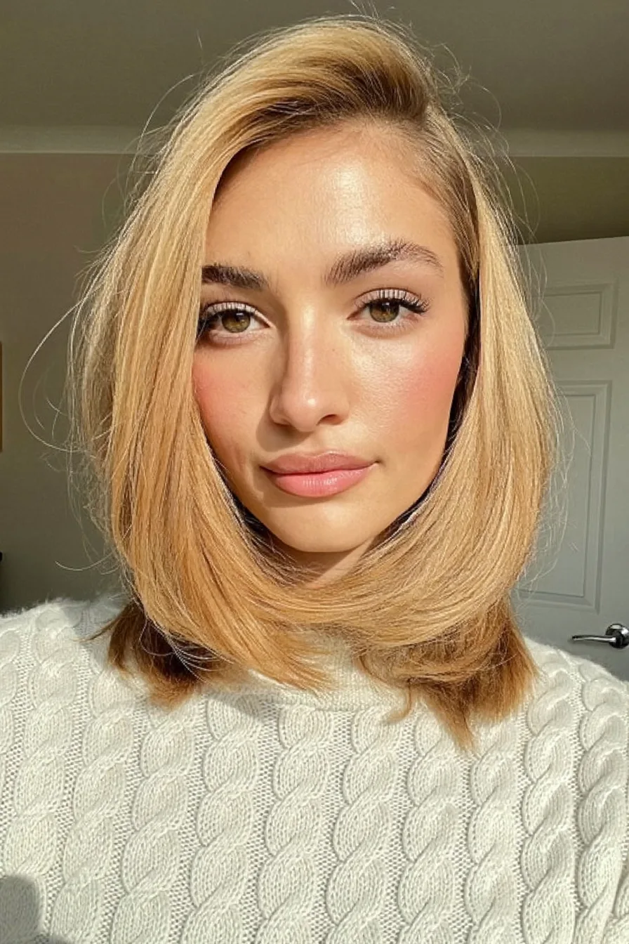 Classic Shoulder-Length Warm Honey Blonde Lob Hairstyle