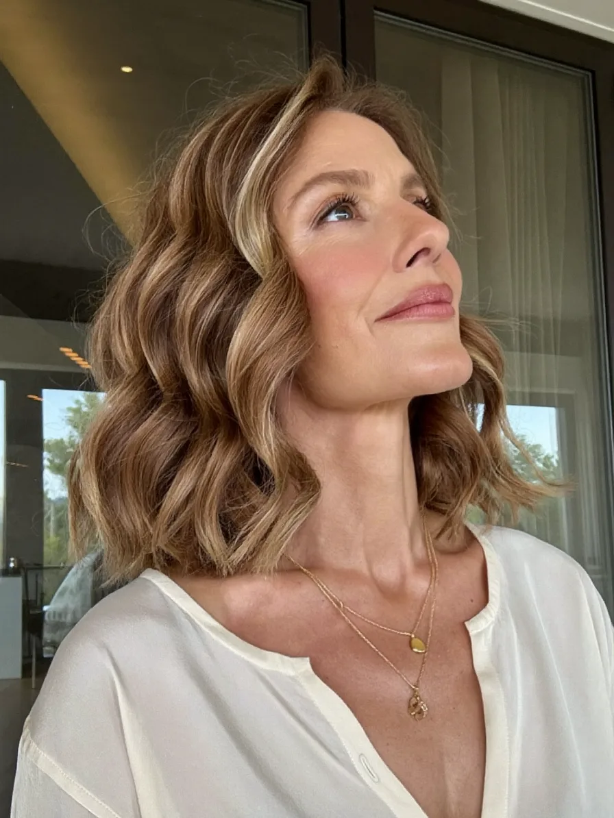 Soft Wavy Lob with Warm Caramel Balayage Highlights