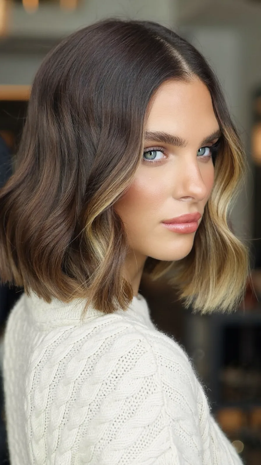Modern Balayage Lob with Flowing Beach Waves and Blunt Ends