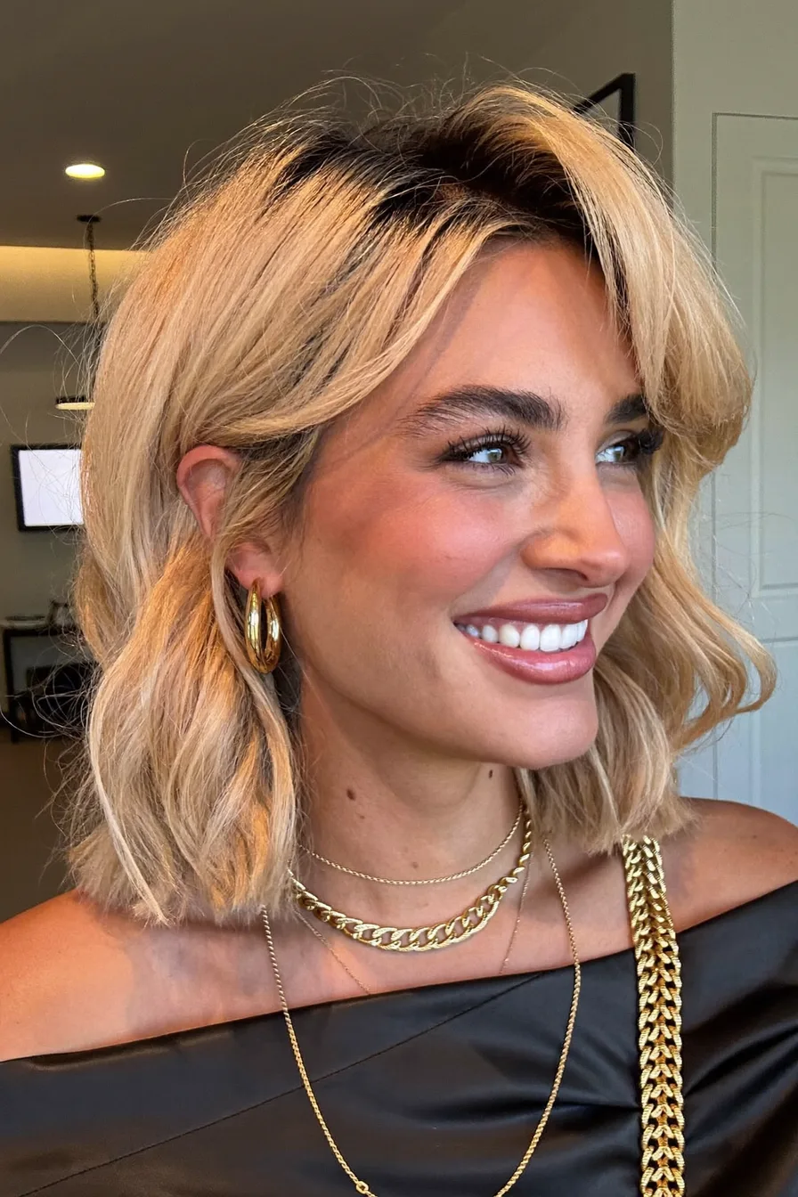 Chic Warm Honey Blonde Lob with Flowing Curtain Bangs