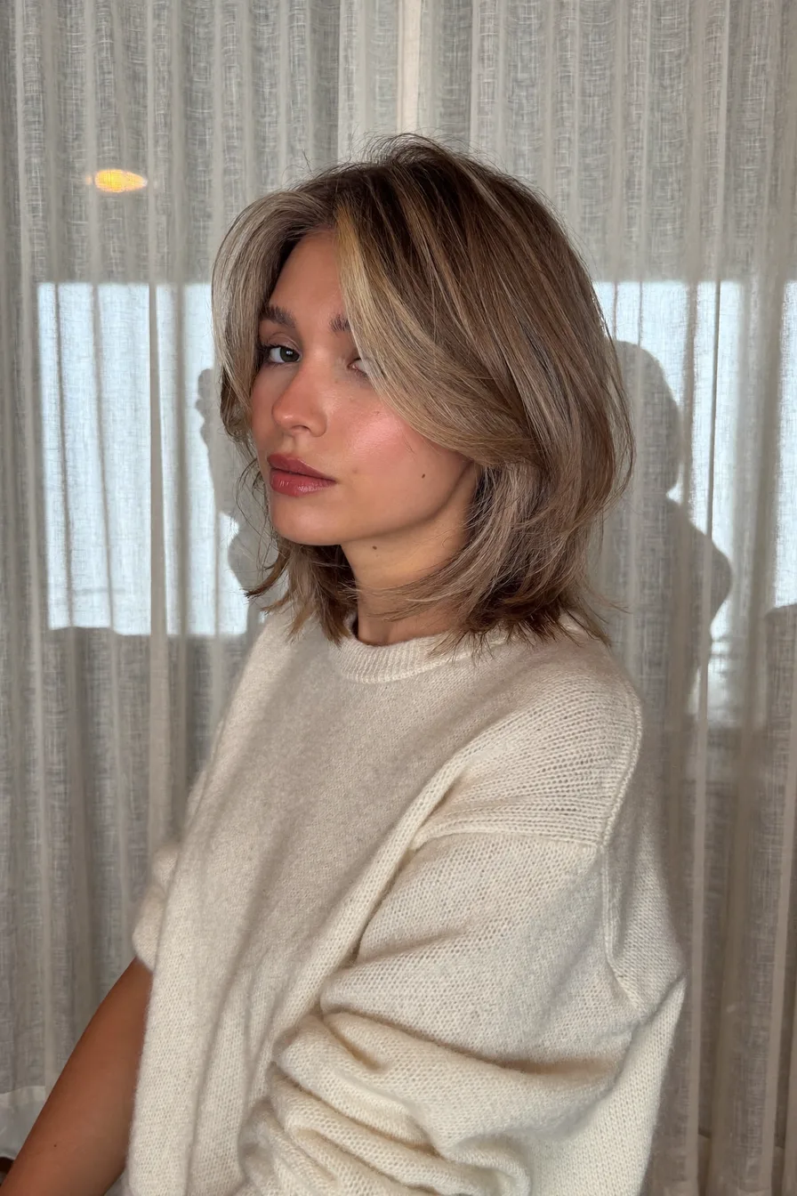 Modern Layered Lob with Feathered Curtain Bangs for Texture