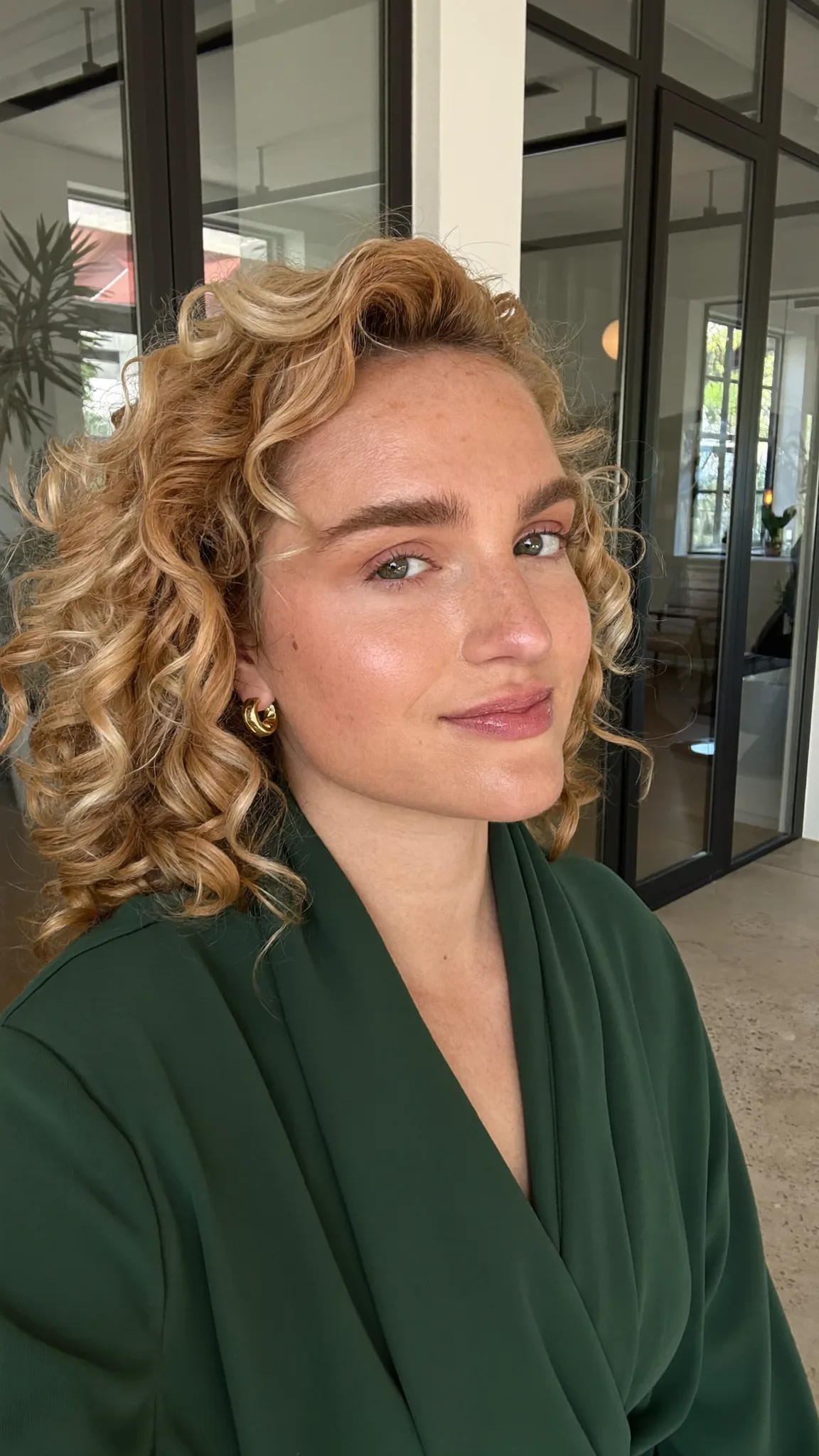 Curly Honey Golden Blonde Lob with Blended Balayage Shine