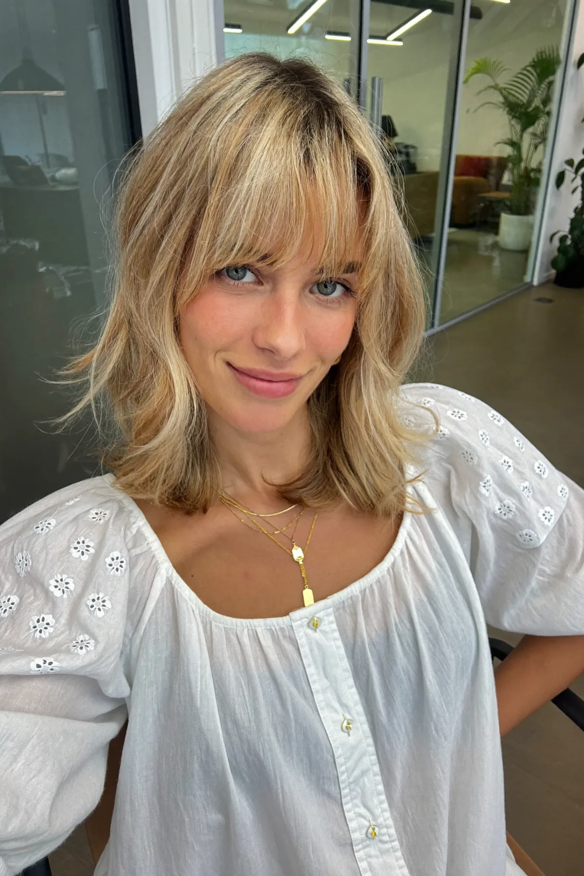 Honey Golden Blonde Wavy Lob with Curtain Bangs and Solid Color
