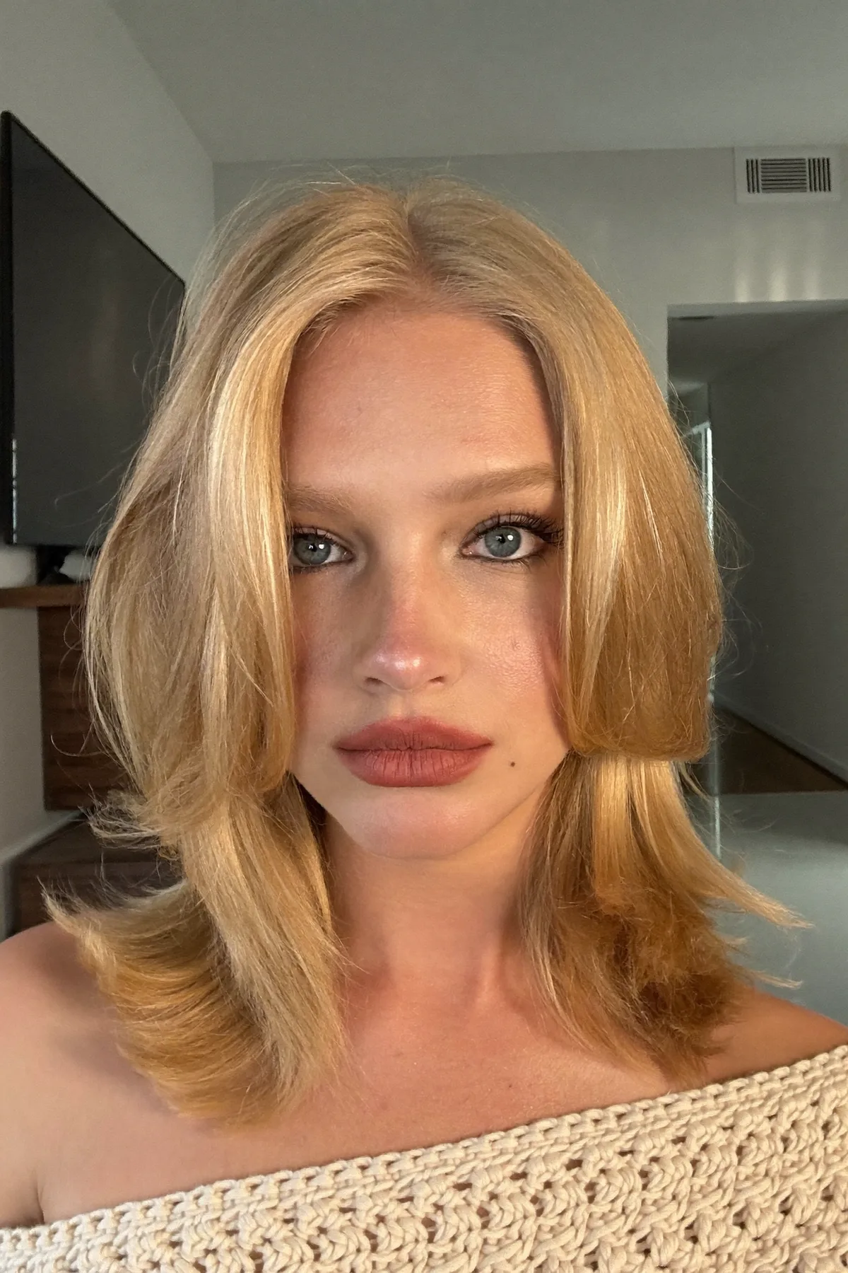 Sleek Honey Golden Blonde Long Bob with Curtain Bangs
