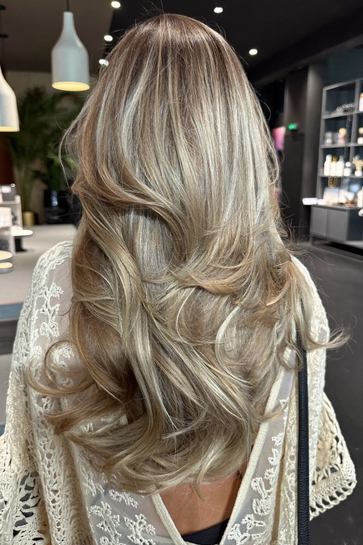 Honey Golden Blonde Long Layered Cut With Balayage Waves