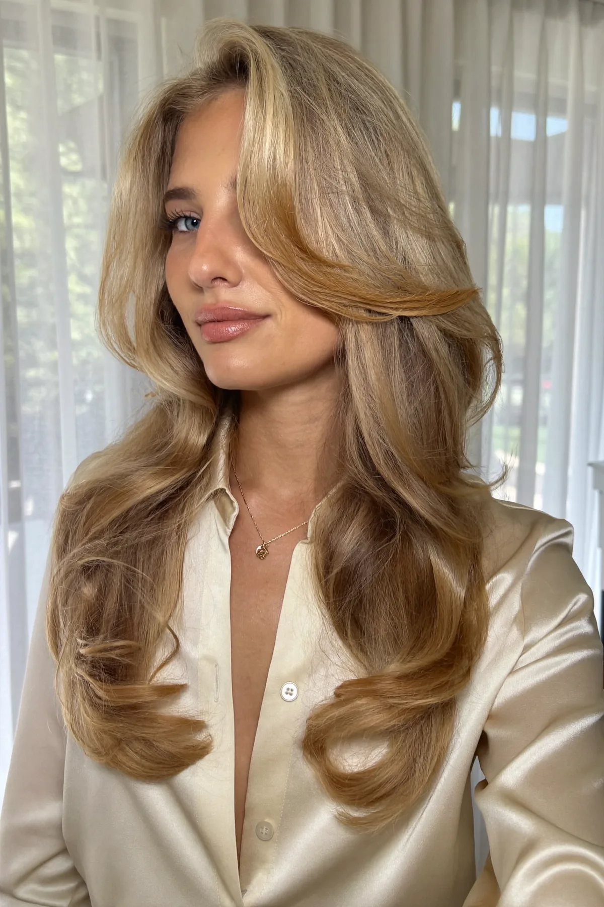 Honey Golden Blonde Long Layered Cut with Curtain Bangs