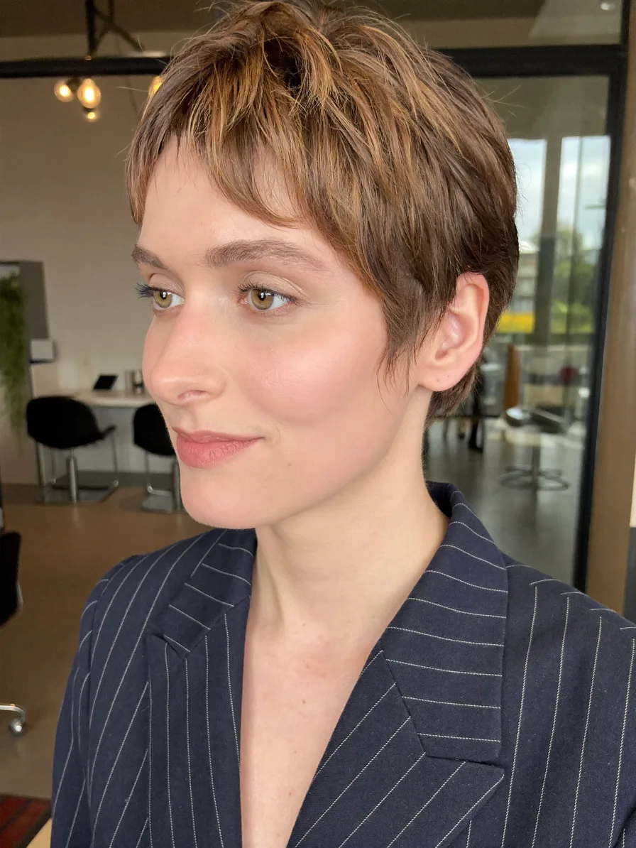 Textured Pixie Cut with Honey Blonde Highlights and Wispy Bangs
