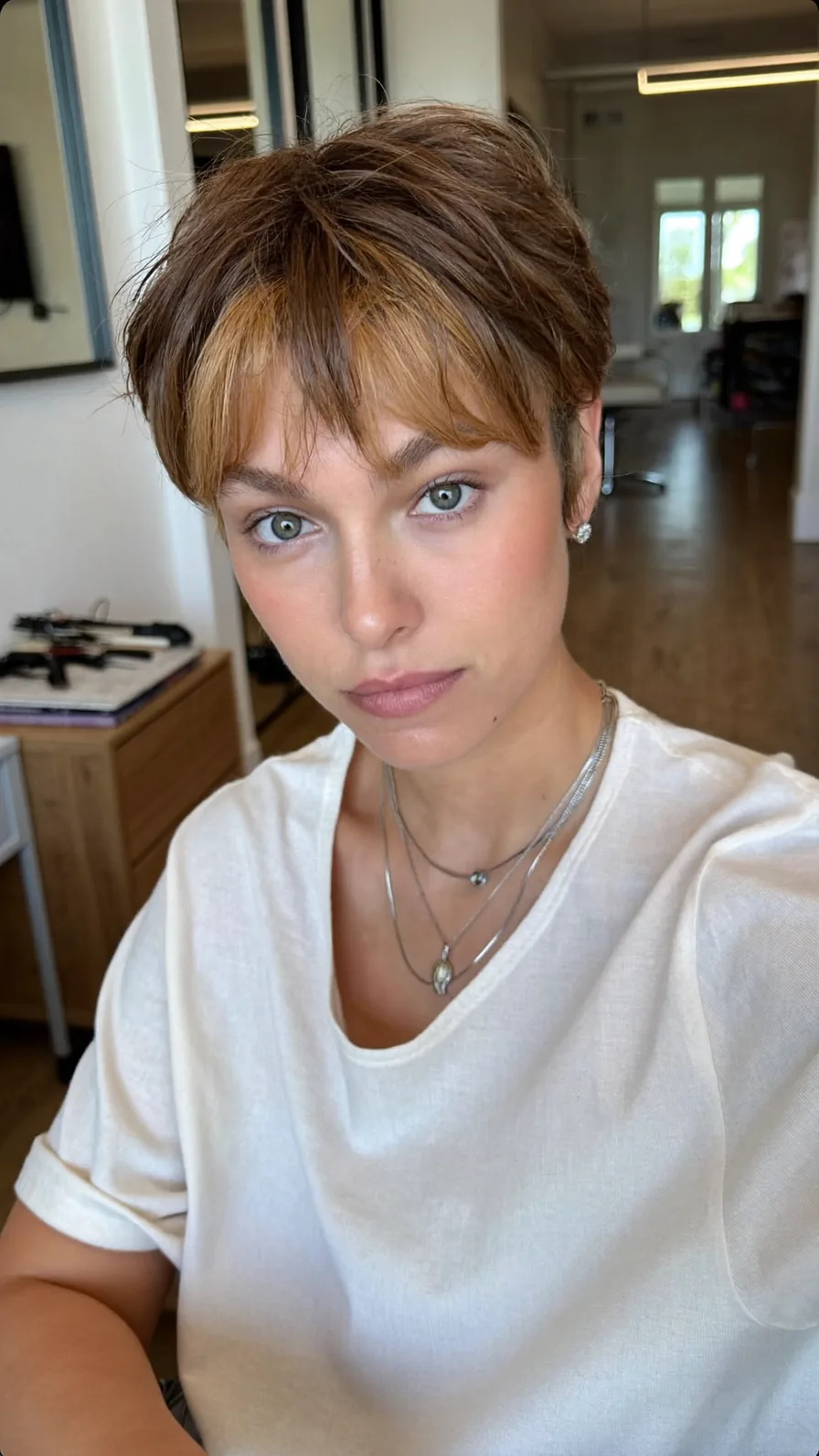 Modern Textured Pixie Cut with Honey Money-Piece Highlights
