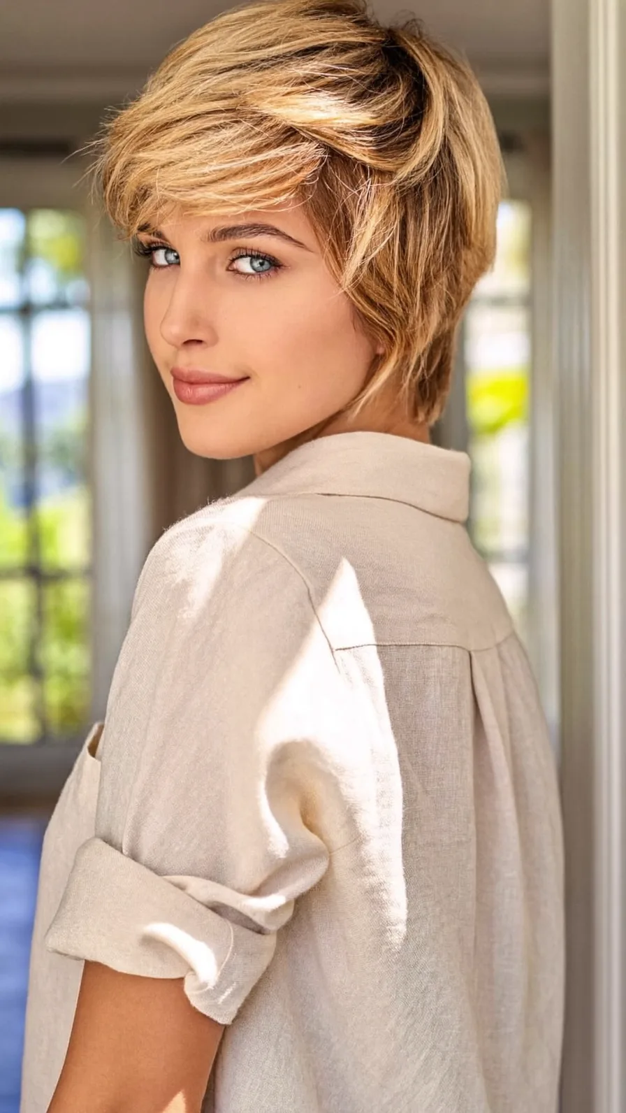 Voluminous Textured Honey Blonde Side-Swept Pixie Cut