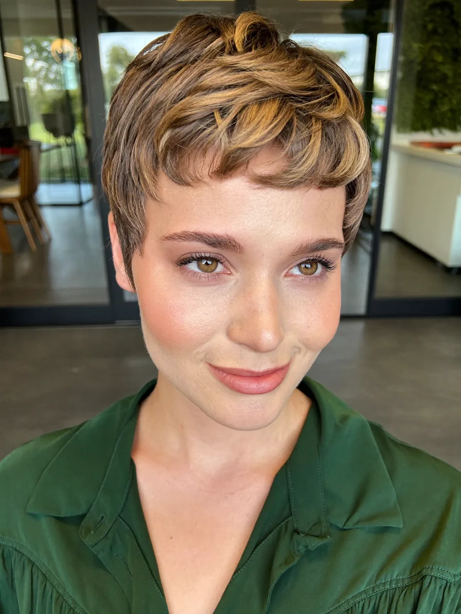 Modern Textured Pixie with Honey Blonde Curtain Bangs