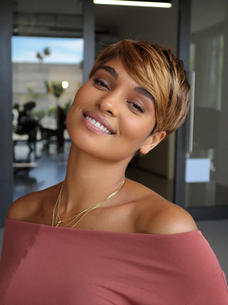 Chic Warm Honey Blonde Side-Swept Pixie with Textured Layers