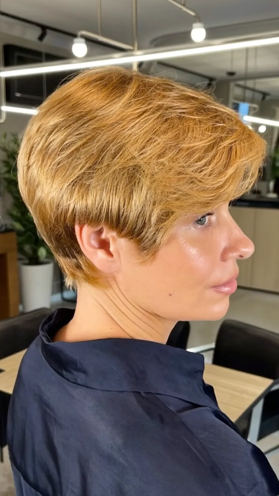 Classic Warm Honey Blonde Textured Side-Swept Pixie Cut