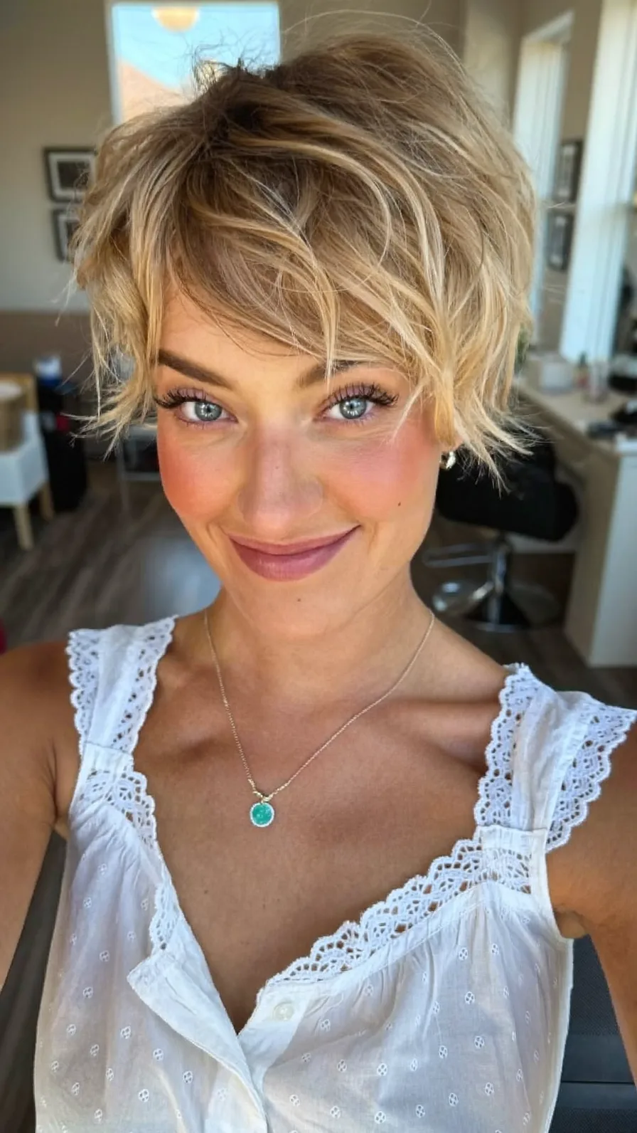 Textured Choppy Layers Pixie with Warm Honey Blonde Highlights