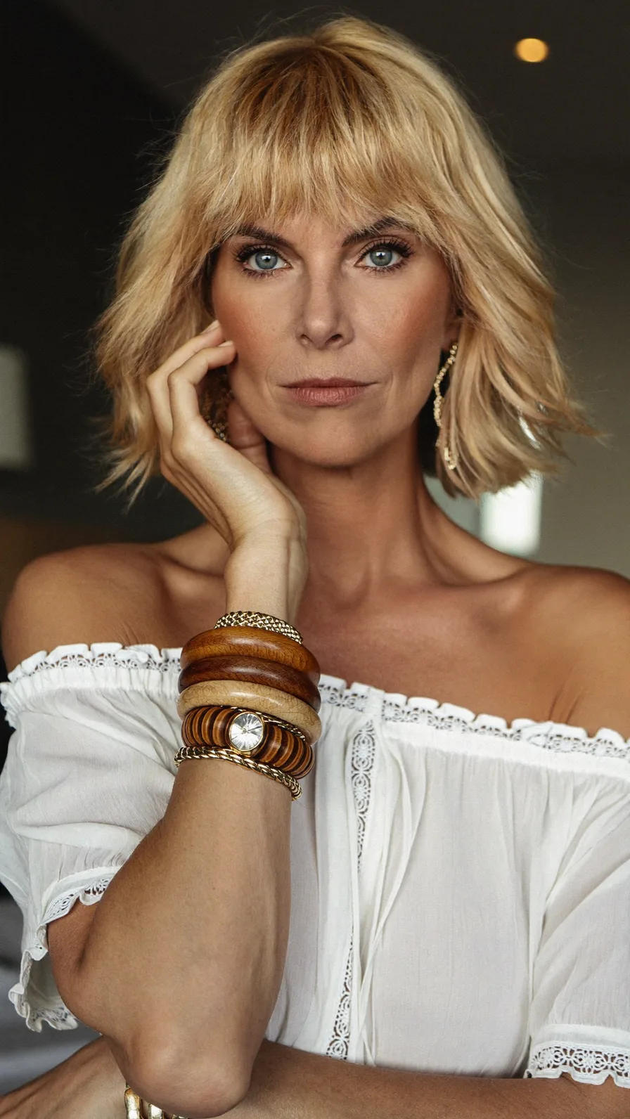 Textured Shoulder-Length Shag with Blunt Bangs and Warm Blonde