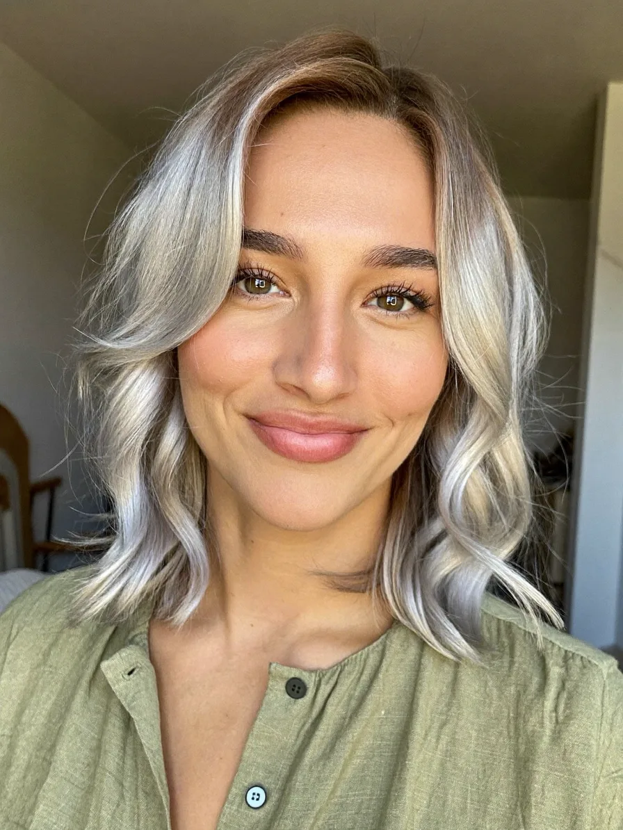Soft Layered Lob with Icy Platinum Blonde Waves