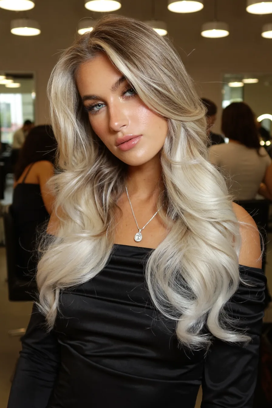 Voluminous Long Platinum Blonde Waves with Side-Swept Layers