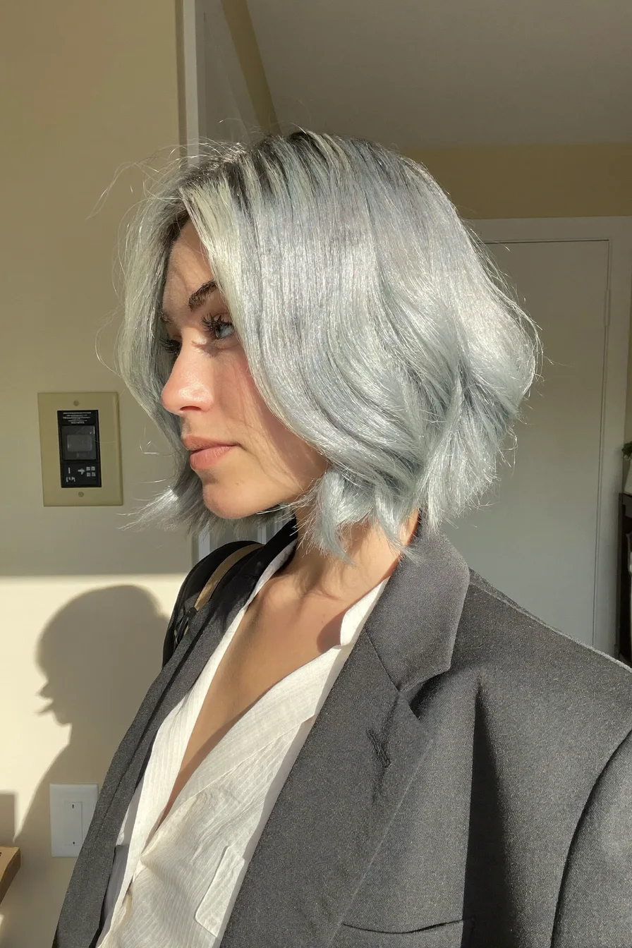 Chic Icy Silver Blue Wavy Chin-Length Bob with Side Part
