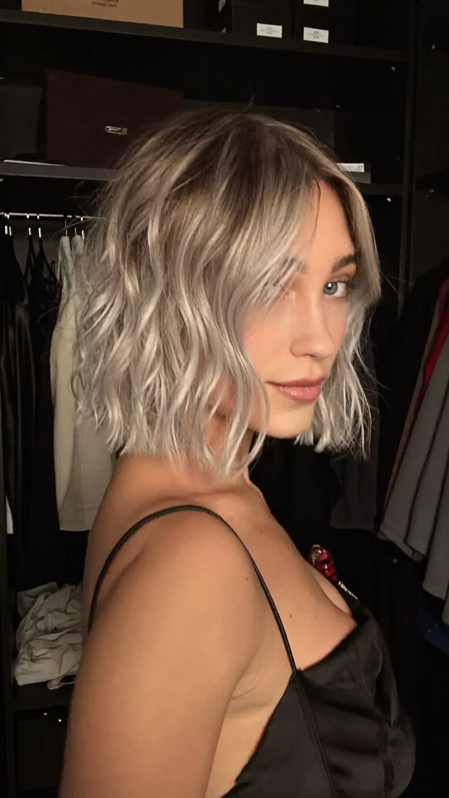 Textured Chin-Length Bob with Icy Platinum Curtain Bangs