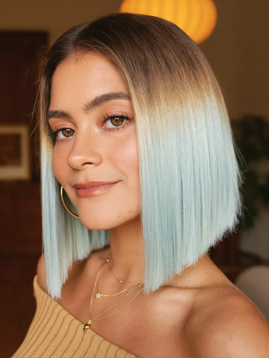 Sleek Ombre Bob with Icy Pastel Blue Ends and Dark Roots