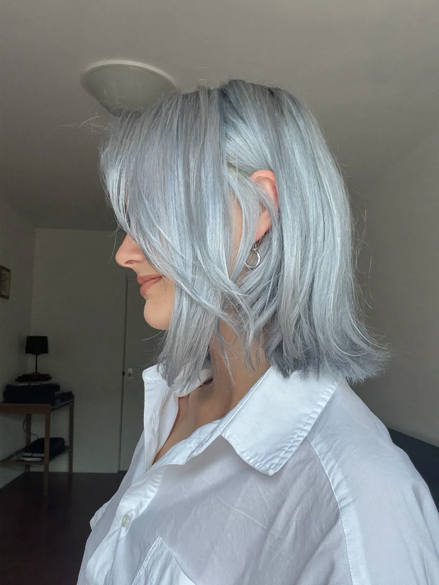 Icy Silver Blue Shoulder-Length Layered Cut with Side-Swept Bangs