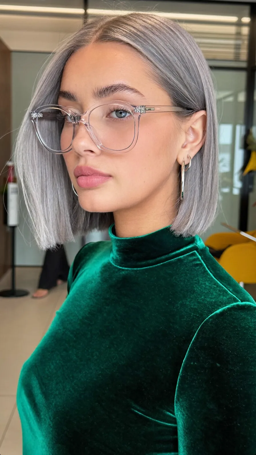 Chic Icy Silver Blunt Bob with Center Parting