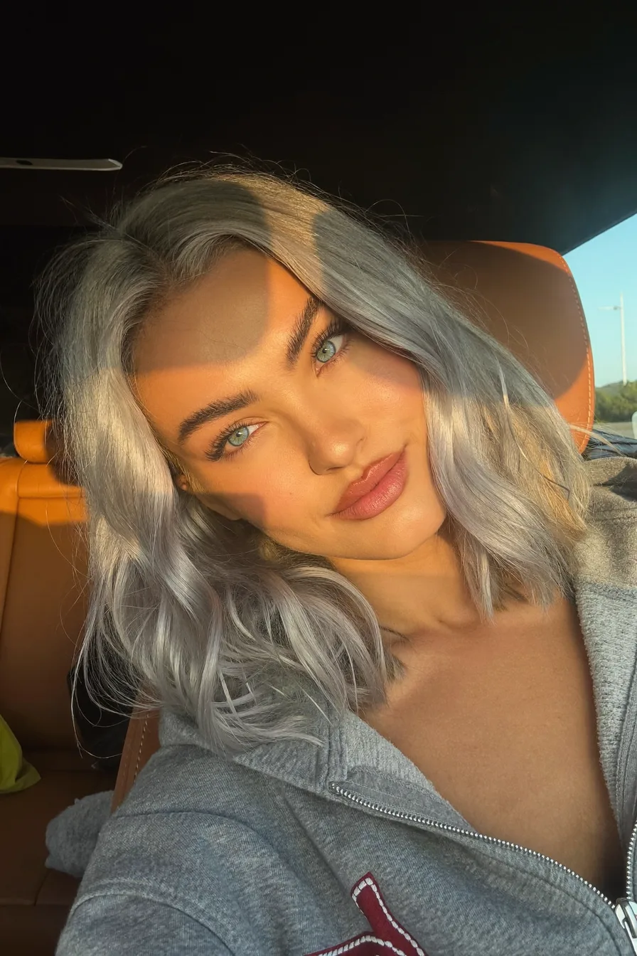 Wavy Icy Silver Medium-Length Long Layered Hairstyle