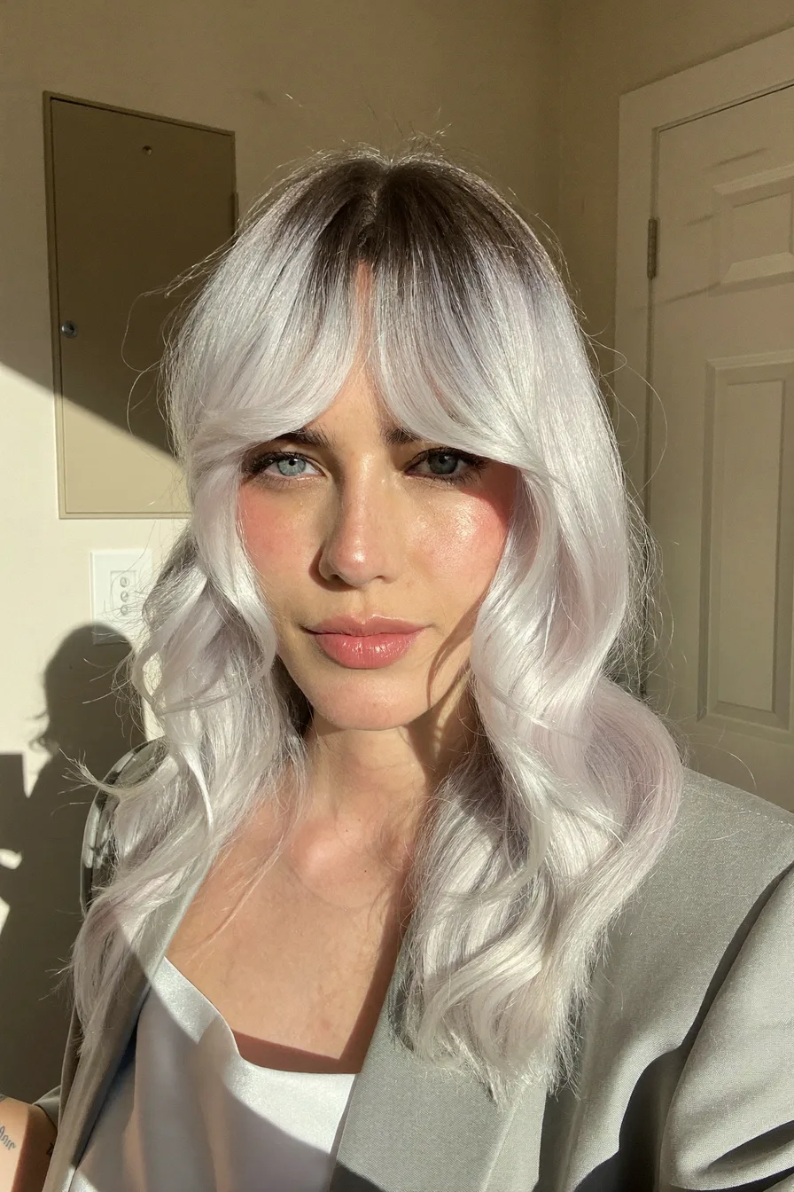 Icy Platinum Blonde Soft Layered Lob with Curtain Bangs