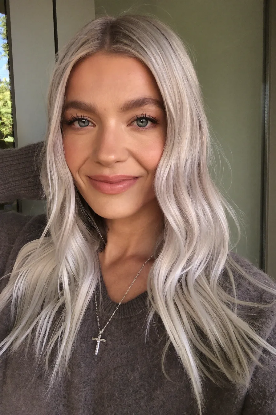 Elegant Long Icy Platinum Blonde Waves with Center Part