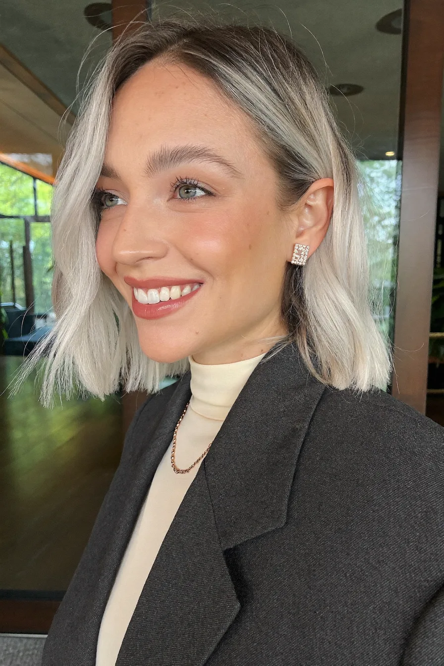 Icy Platinum Blonde Chin-Length Blunt Bob with Side Part