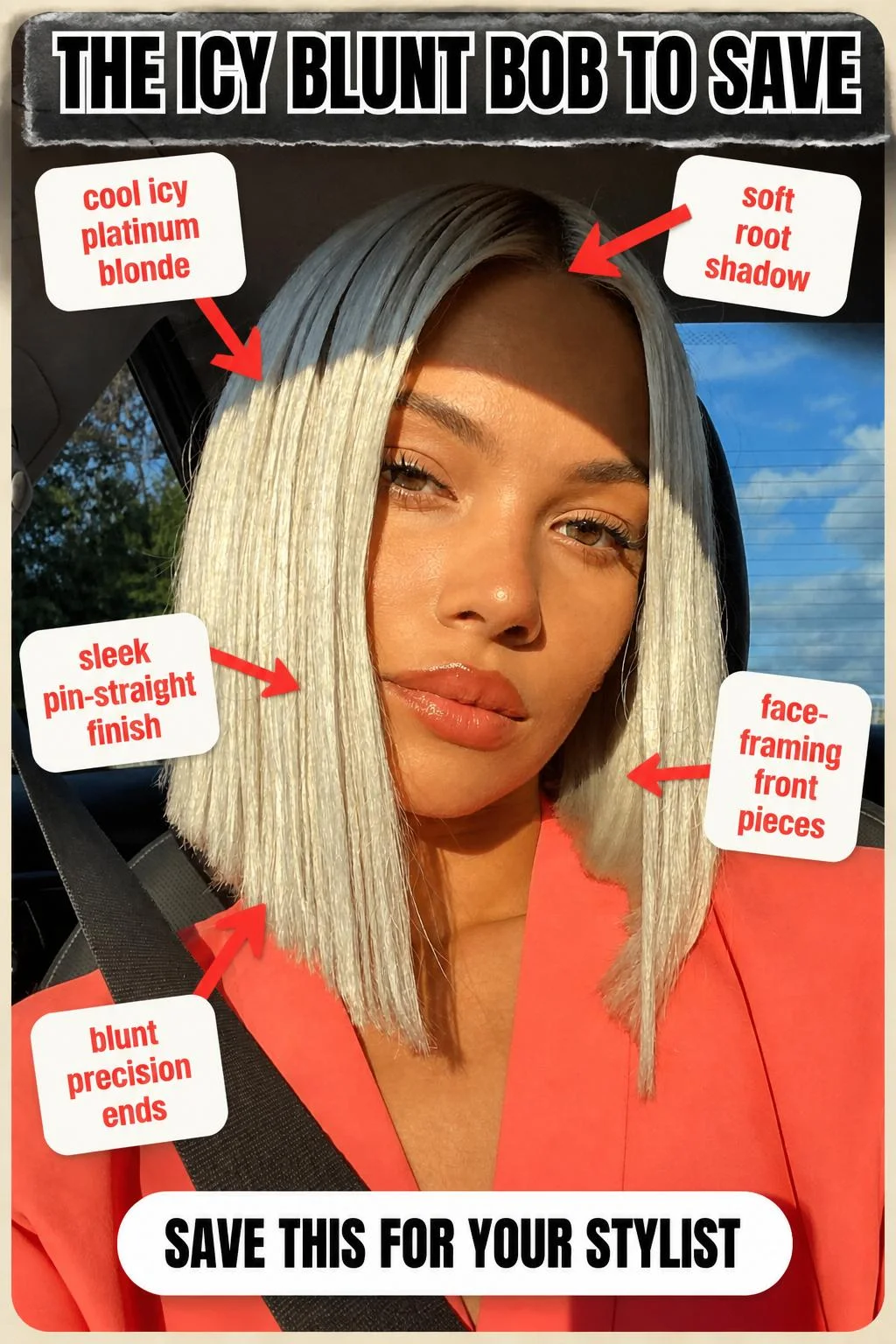 Icy blunt bob with cool platinum-silver tone, soft root shadow, sleek pin-straight finish, face-framing front pieces, and blunt precision ends